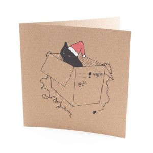 Kerstkaart met zwarte kat in doos - 5 stuks
