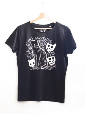 Zwart T-shirt met kat en skulls